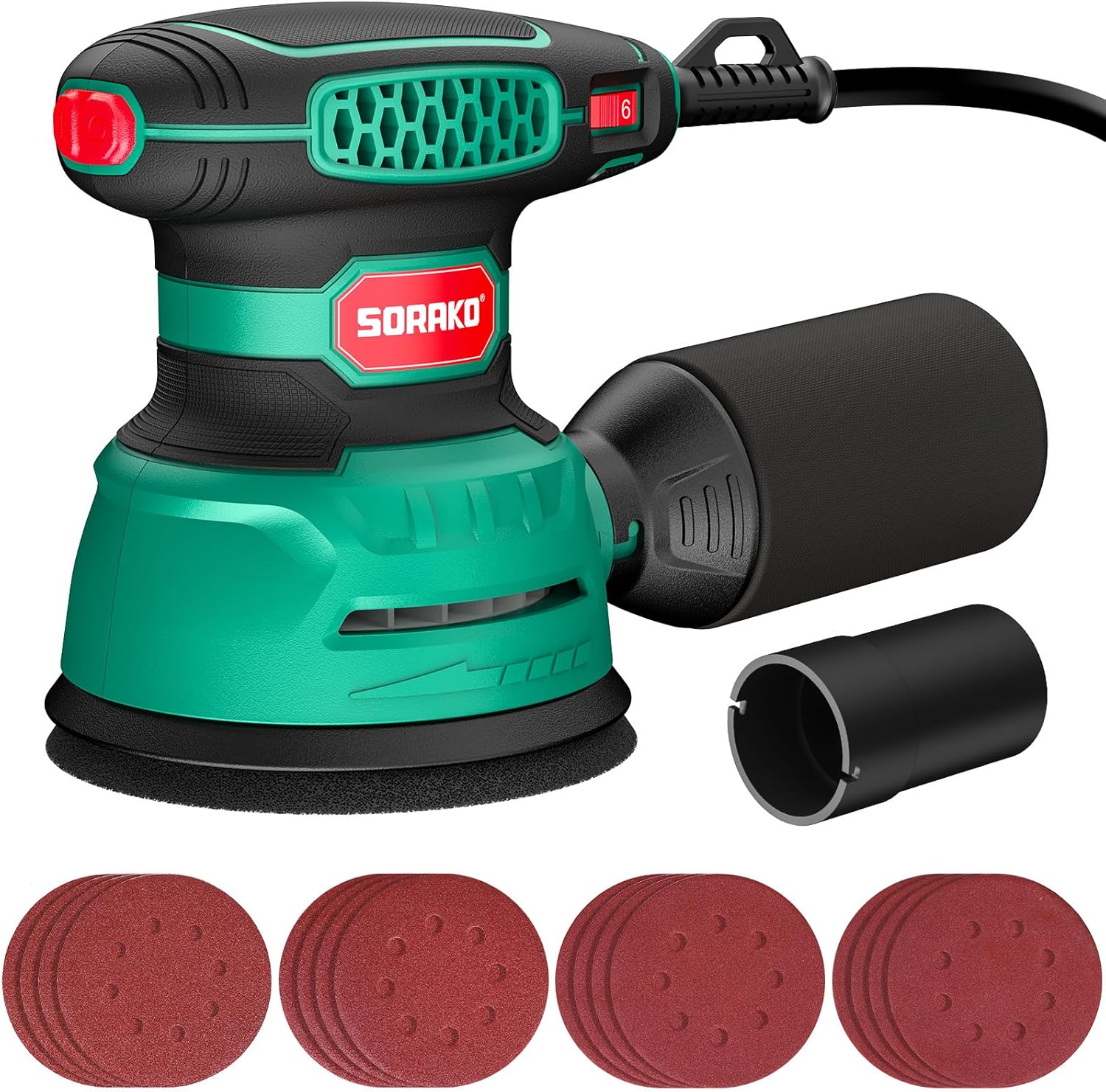 Sorako Orbital Sander 350W, 125MM Random Orbital Sander, 6 Adjustable Speeds, 16pcs Sandpaper, with Dust Collection and Quick Brake Function, for Sanding, Polishing Wood, DIY, Home Improvement