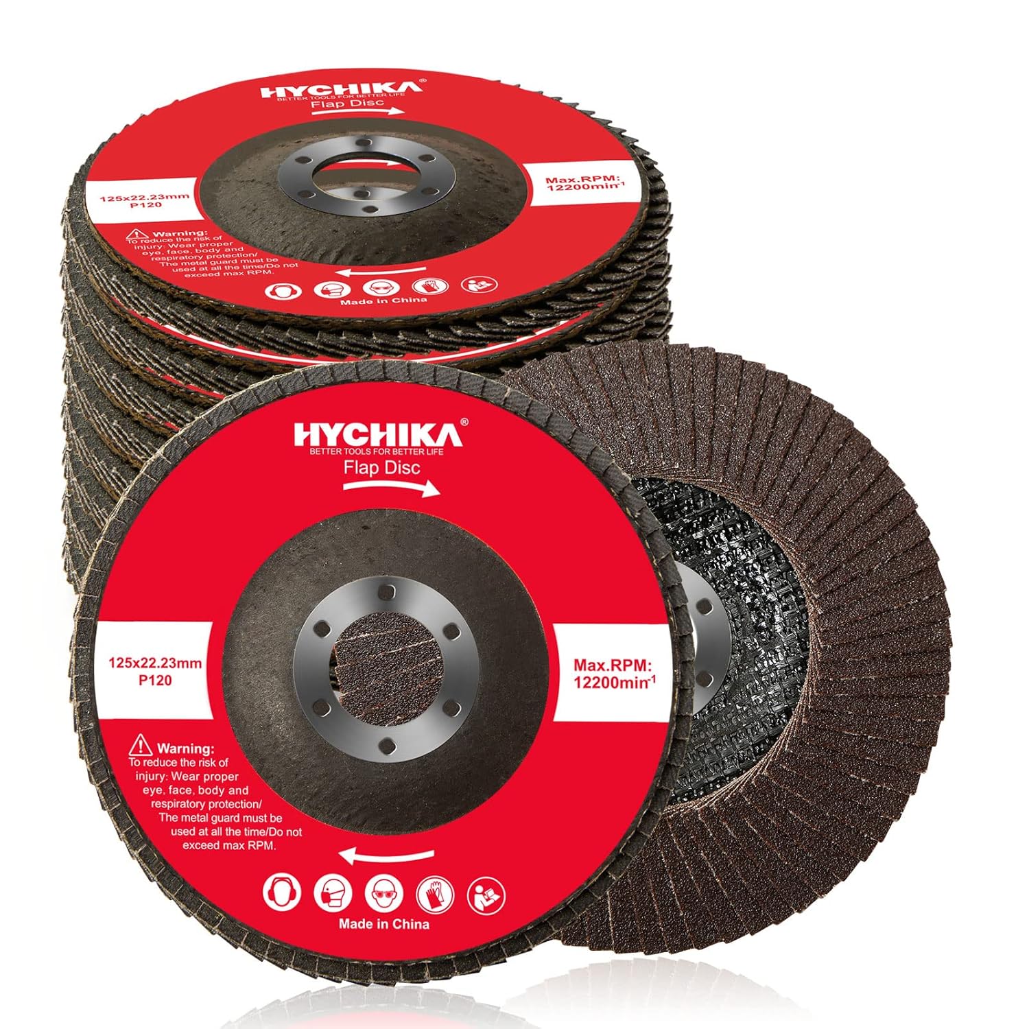 HYCHIKA Flap Grinder 115mm/ 125 mm Professional Straight Flap Sanding Discs Set of 10 125 x 22.23 mm in Professional Quality, Flap Discs, Max 12200 RPM for Stainless Steel, INOX, Steel, Grit P120