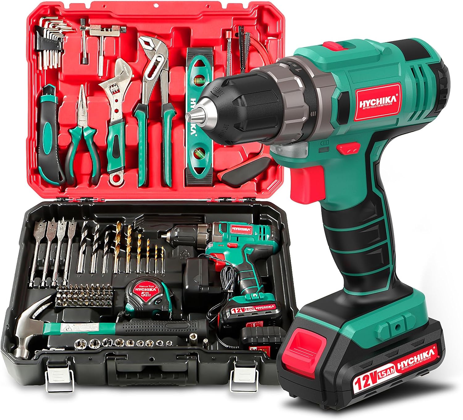 HYCHIKA DIY Tool Box Filled Professional with Battery Drill 30 Nm + 104 Pieces High-Quality Household Universal Tool Set + Practical Tool Box Packaging for Repairs and Maintenance