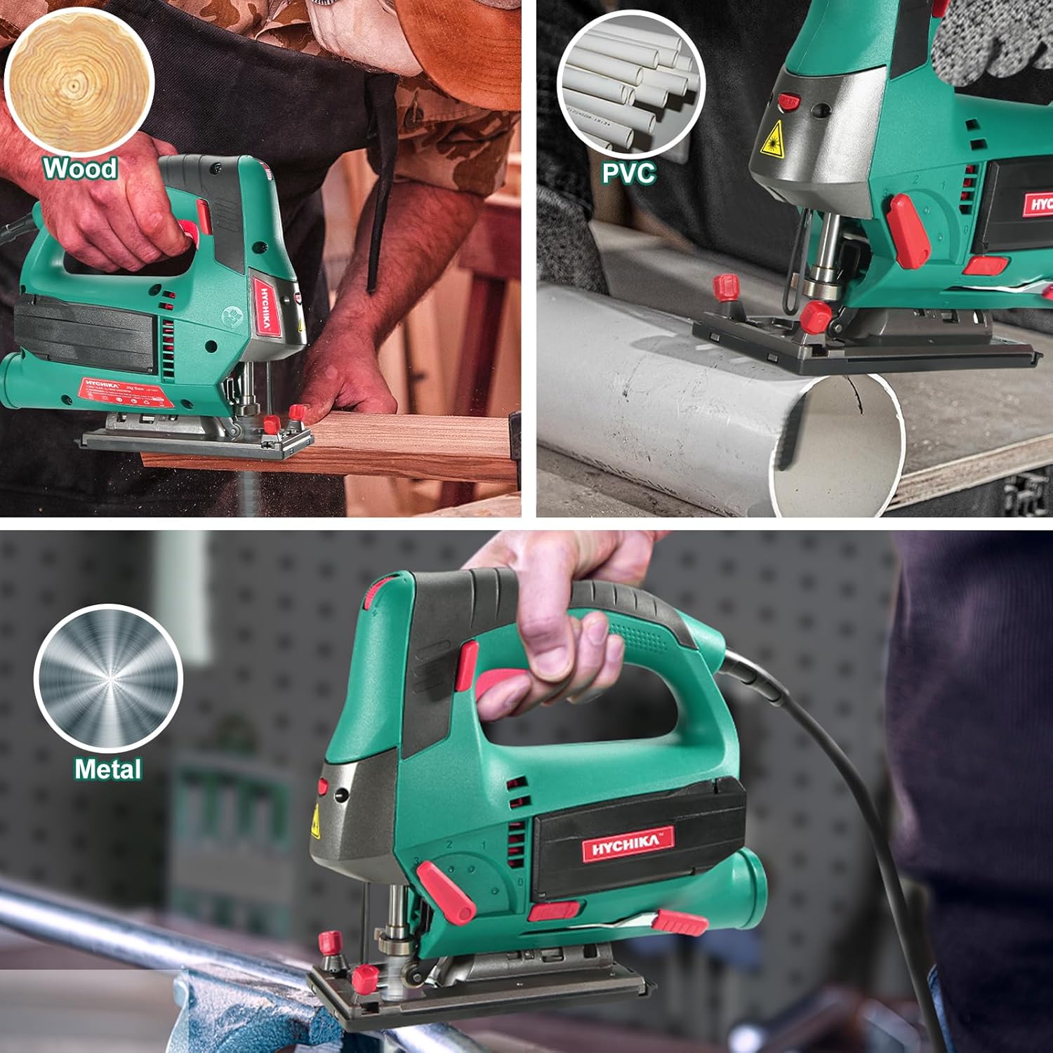 HYCHIKA Corded Electric Jigsaw 800W, 6 Amps, 800-3000SPM, ±45° Bevel 230V EU / 120V US