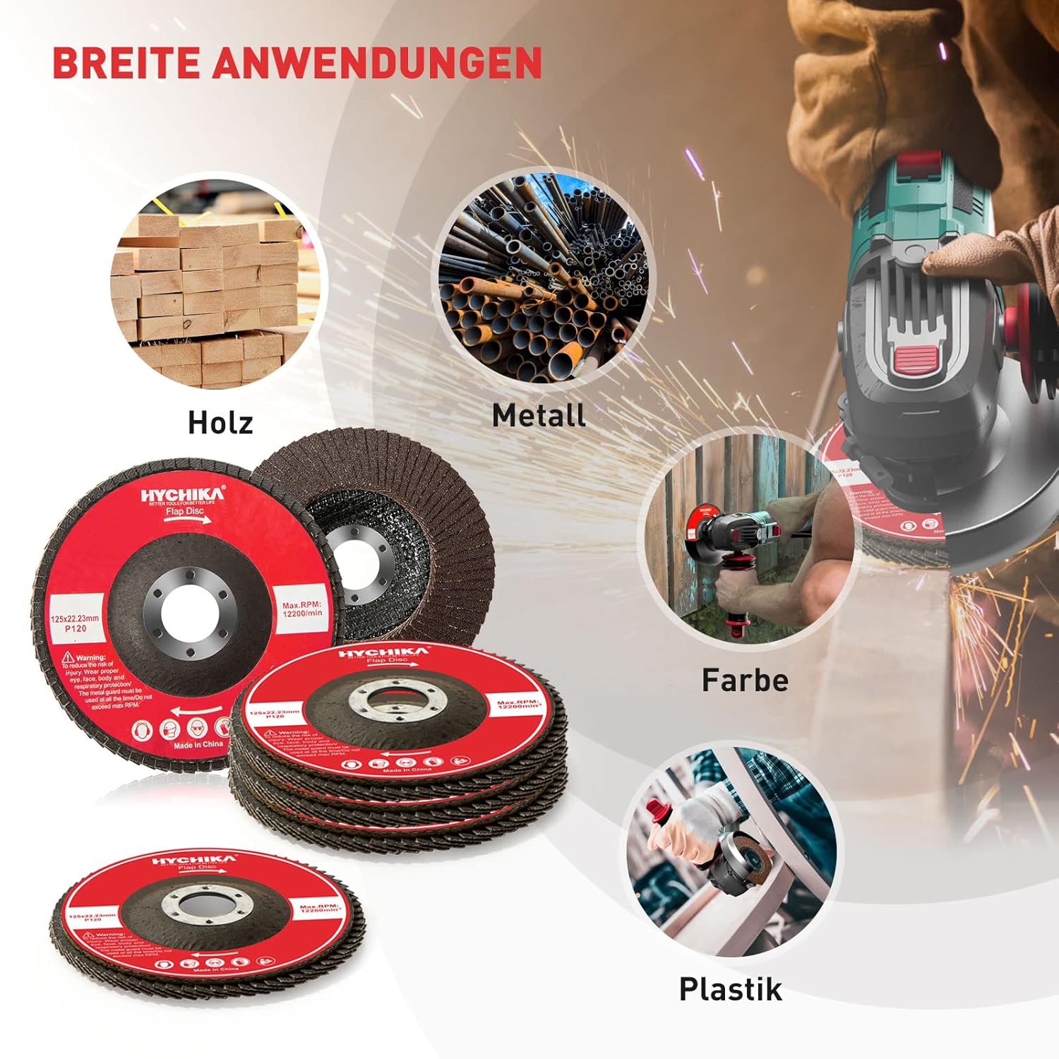 HYCHIKA Flap Grinder 115mm/ 125 mm Professional Straight Flap Sanding Discs Set of 10 125 x 22.23 mm in Professional Quality, Flap Discs, Max 12200 RPM for Stainless Steel, INOX, Steel, Grit P120