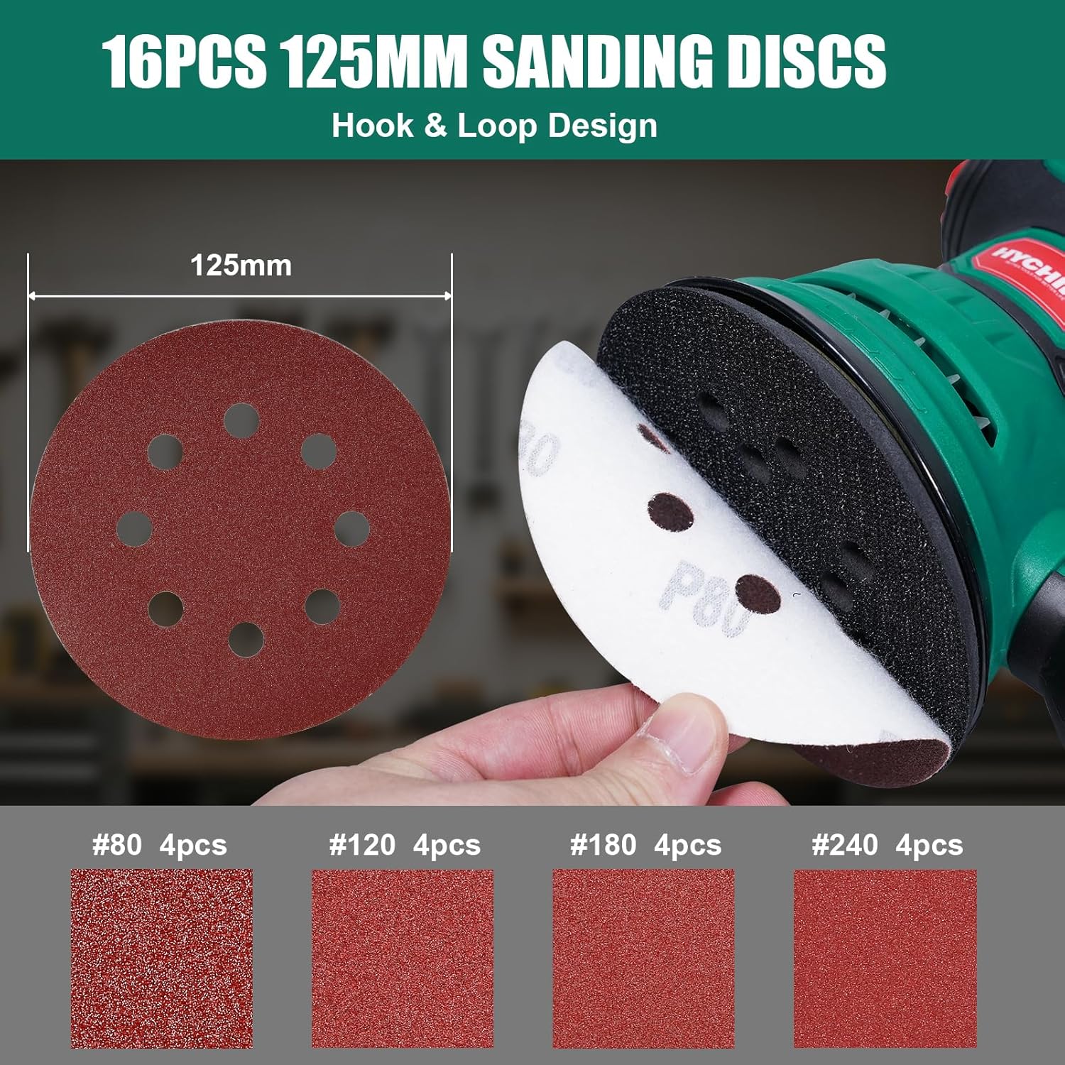 HYCHIKA Random Orbital Sander, 300W 12000OPM Orbital Sander, 6 Variable Speeds,16 Sanding Discs(125mm)