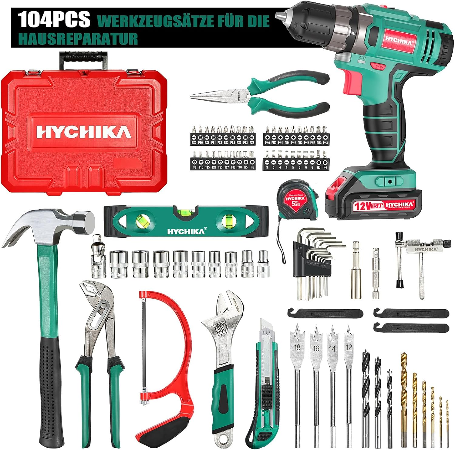 HYCHIKA DIY Tool Box Filled Professional with Battery Drill 30 Nm + 104 Pieces High-Quality Household Universal Tool Set + Practical Tool Box Packaging for Repairs and Maintenance