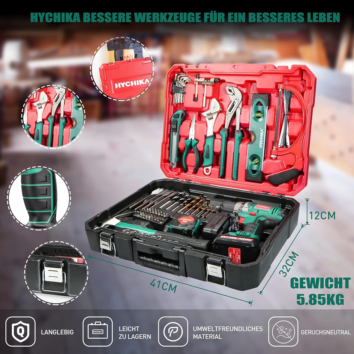HYCHIKA DIY Tool Box Filled Professional with Battery Drill 30 Nm + 104 Pieces High-Quality Household Universal Tool Set + Practical Tool Box Packaging for Repairs and Maintenance