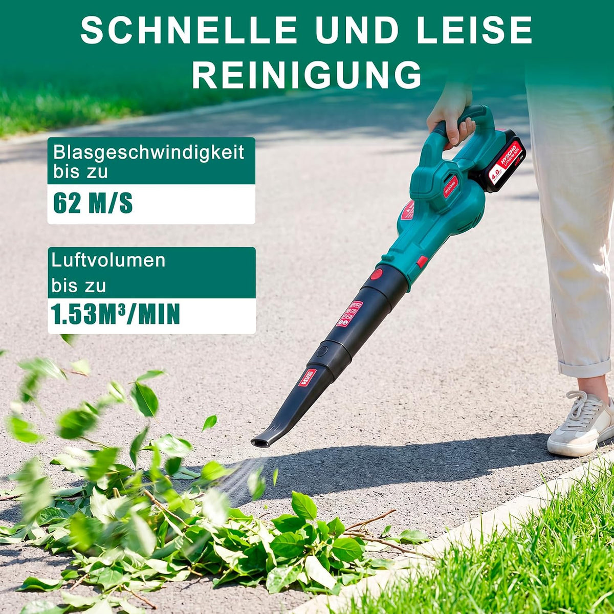 18V Cordless Leaf Blower, 223 km/h Air Speed, 4.0Ah Battery, 3 Inflation Nozzles, Ergonomic & Lightweight (1.93 kg), for Clearing Leaves & Dust in the Garden and Yard