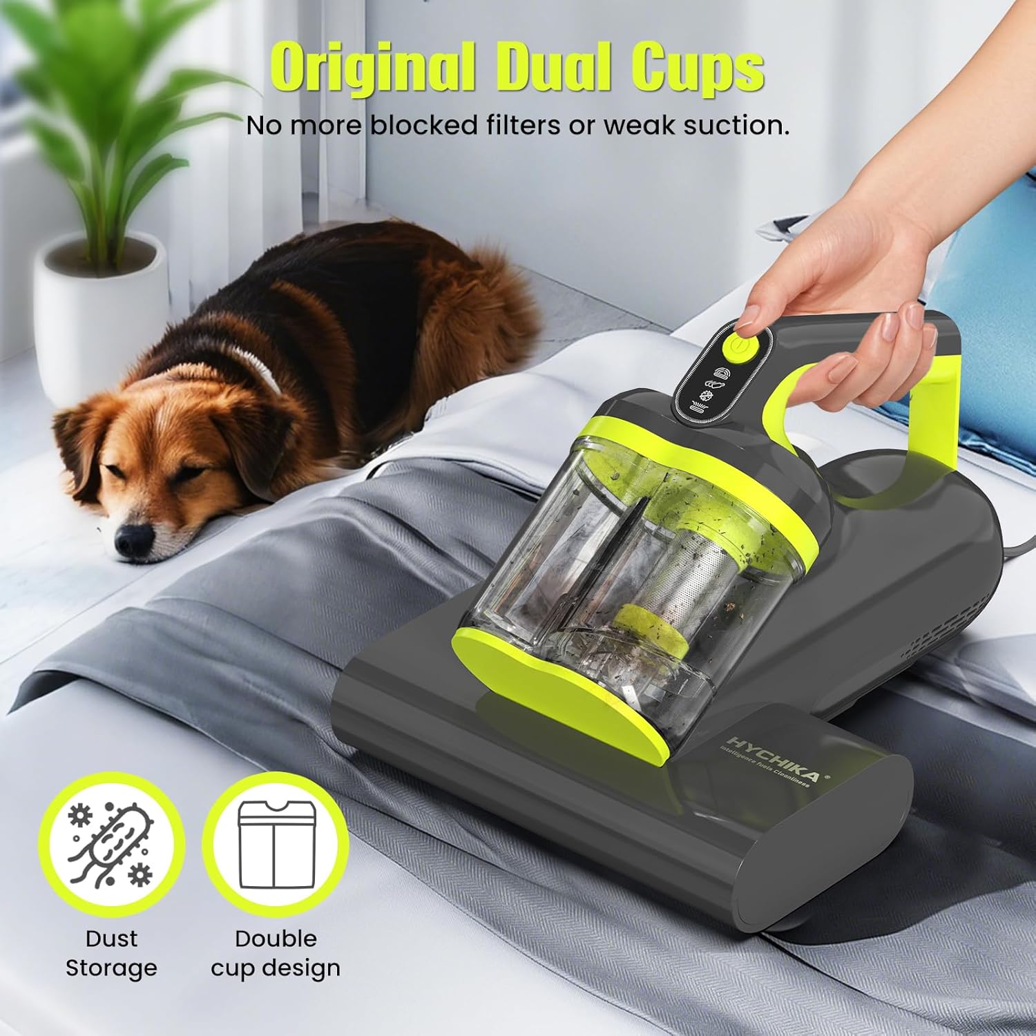 HYCHIKA 5-in-1 Mattress Vacuum Cleaner，16kPa & 36000 CPM with UV-C, Heat, Ultrasonic for Pet Hair and Debris on Bed, Sofa, Carpet