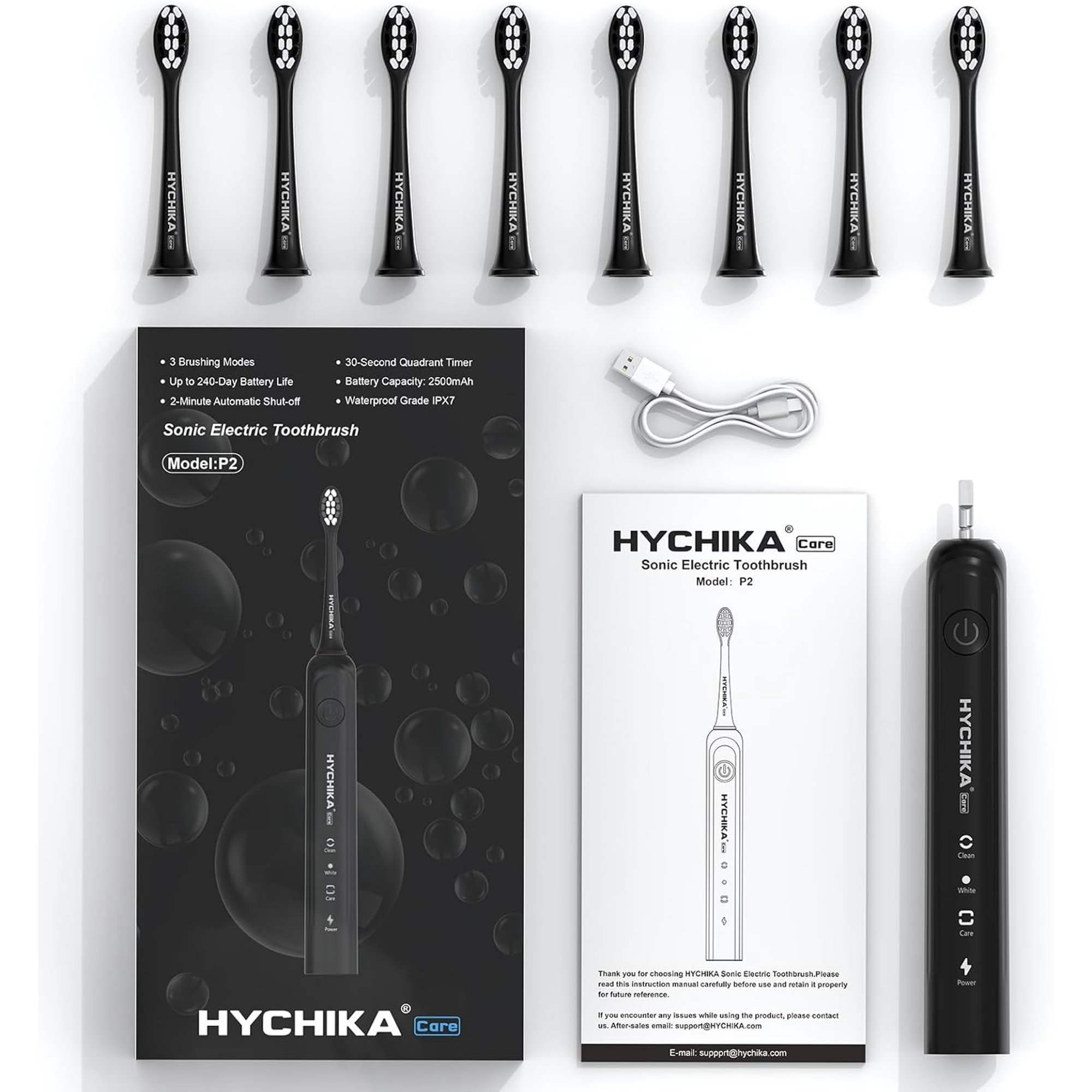 240 Days Battery Life Rechargeable Electric Toothbrush for Adults,with 2500mAH Large Capacity, 8 Pack Replacement Brushheads,3 Classic Modes,2 Min Smart Timer Battery Toothbrush,Black