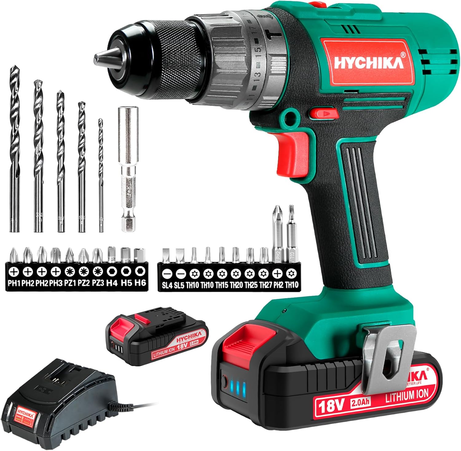 Cordless Hammer Drill Driver 18V, 45 N.m Max with 1*2.0Ah Battery and 27pcs Accessory Set