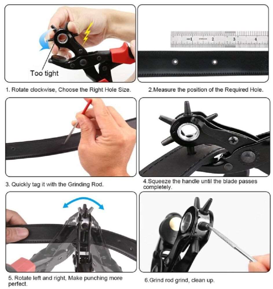 Revolving Leather Hole Punch Rivet Belt DIY Puncher Multi Sized Plier Tool  Set
